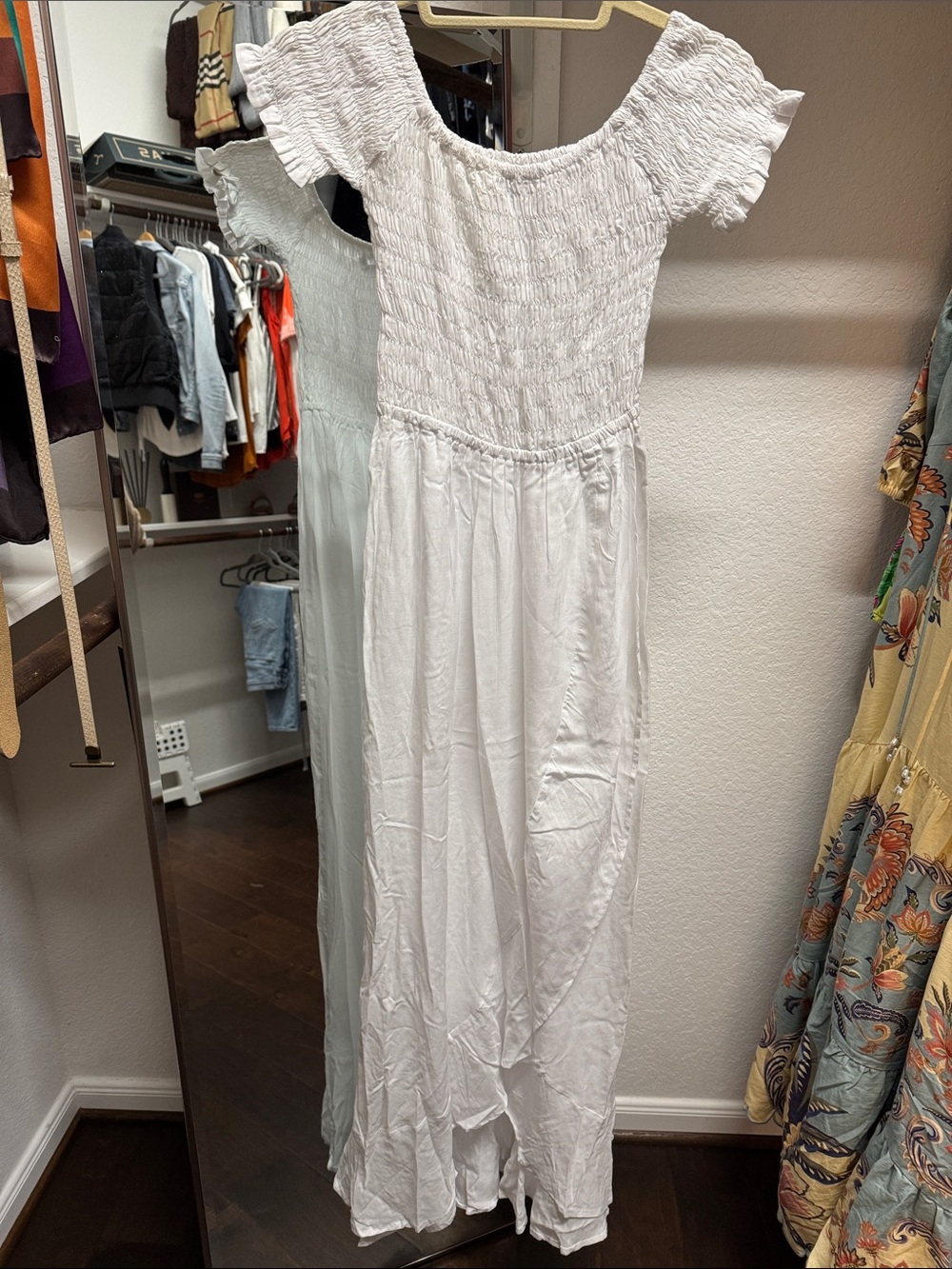 Tiare Hawaii White Smocked Off-Shoulder Maxi Dress